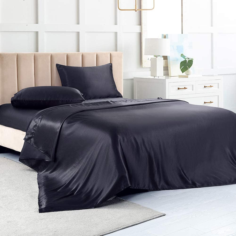 Satin Bed Sheets California King Size Sheets Set, Black Silk Sheets, 4 - Pieces Soft Bedding Set with 1 Deep Pocket Fitted Sheet,1 Flat Sheet,2 Pillowcase