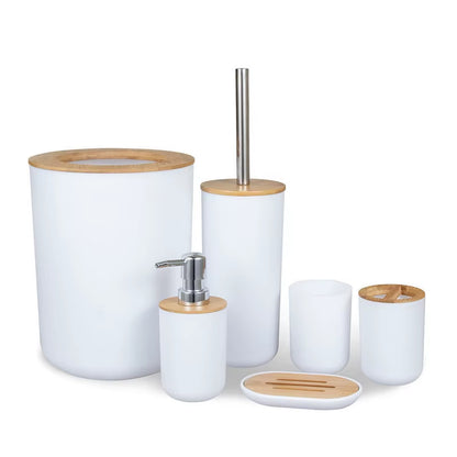 Bathroom Accessories Set 6 Pieces Bamboo Room Set Toothbrush Holder Soap Dispenser Toilet Brush Trash Can Bathroom Essential Set