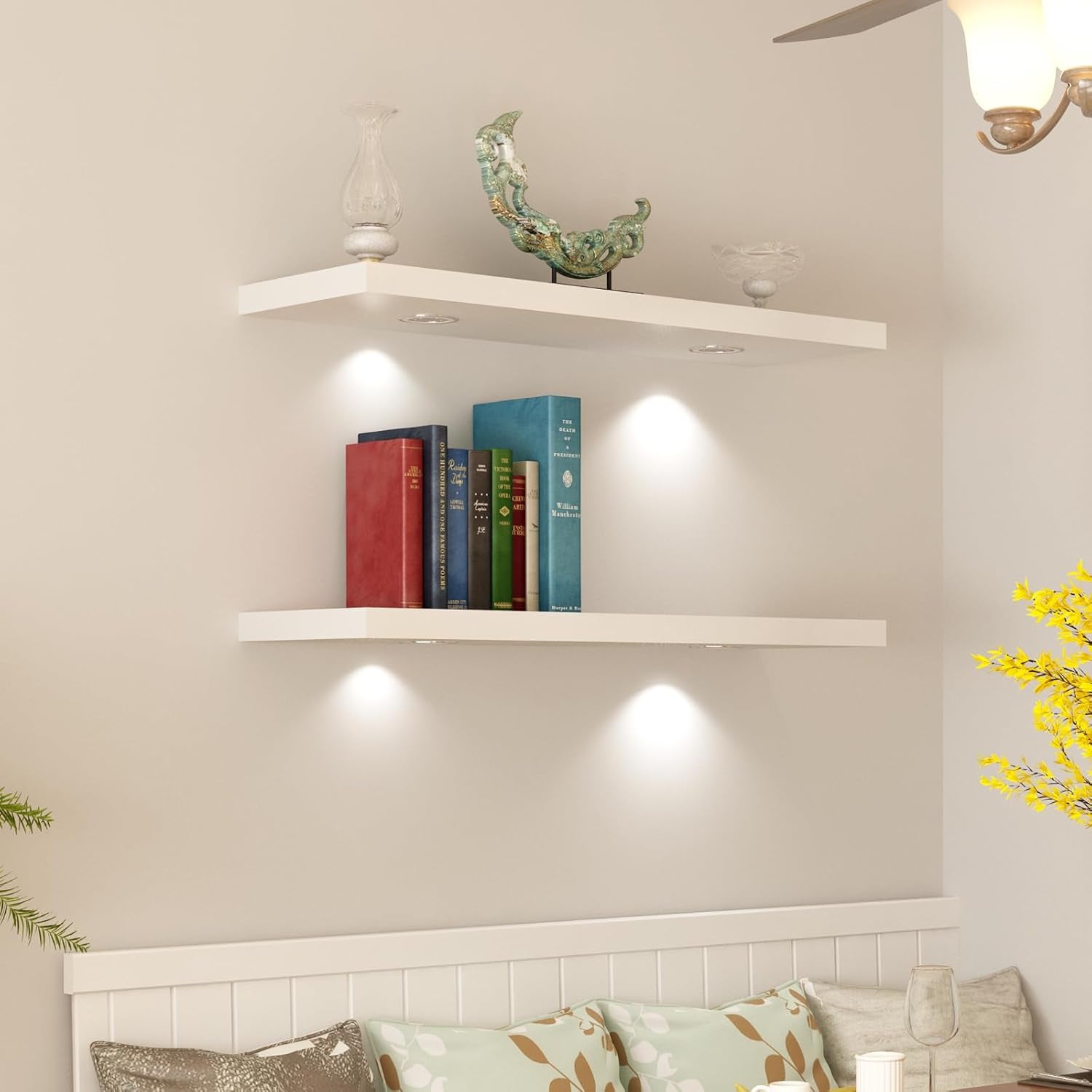 White Floating Shelf with Touch-Sensing Battery Powered LED Light,Wall Mounted Display Shelves for Entrance, Living Room, Bedroom, Kitchen and Bathroom (48-INCH, White)