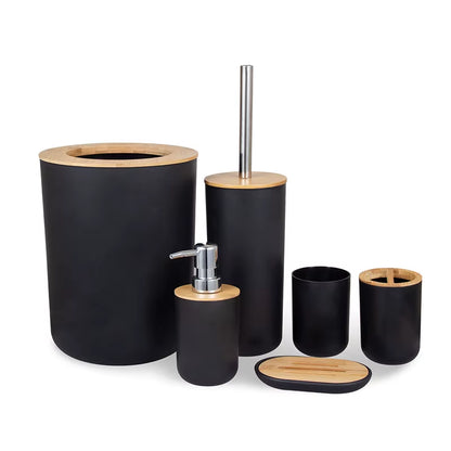 Bathroom Accessories Set 6 Pieces Bamboo Room Set Toothbrush Holder Soap Dispenser Toilet Brush Trash Can Bathroom Essential Set