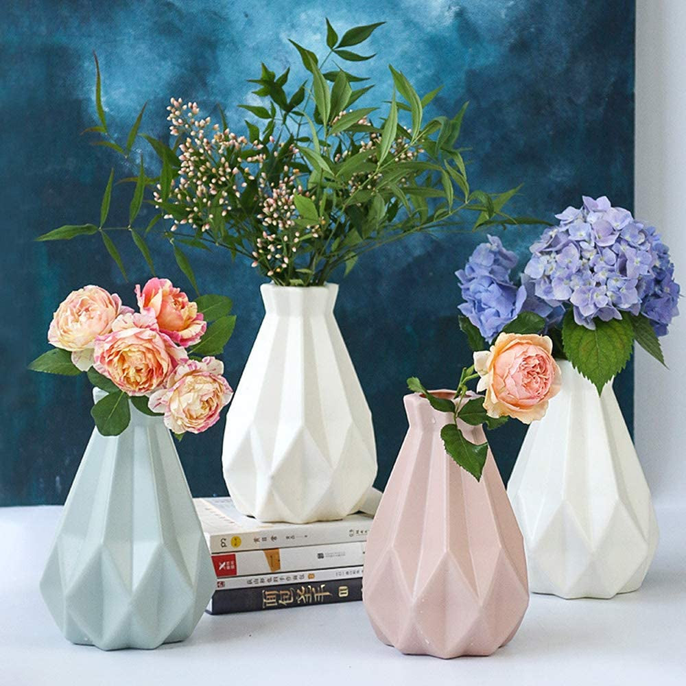 Unbreakable Vases for Flowers, Plastic Vase ,Geometric Minimalist Style Vases Ceramic Look, Home Décor Vase for Living Room, Table ,White