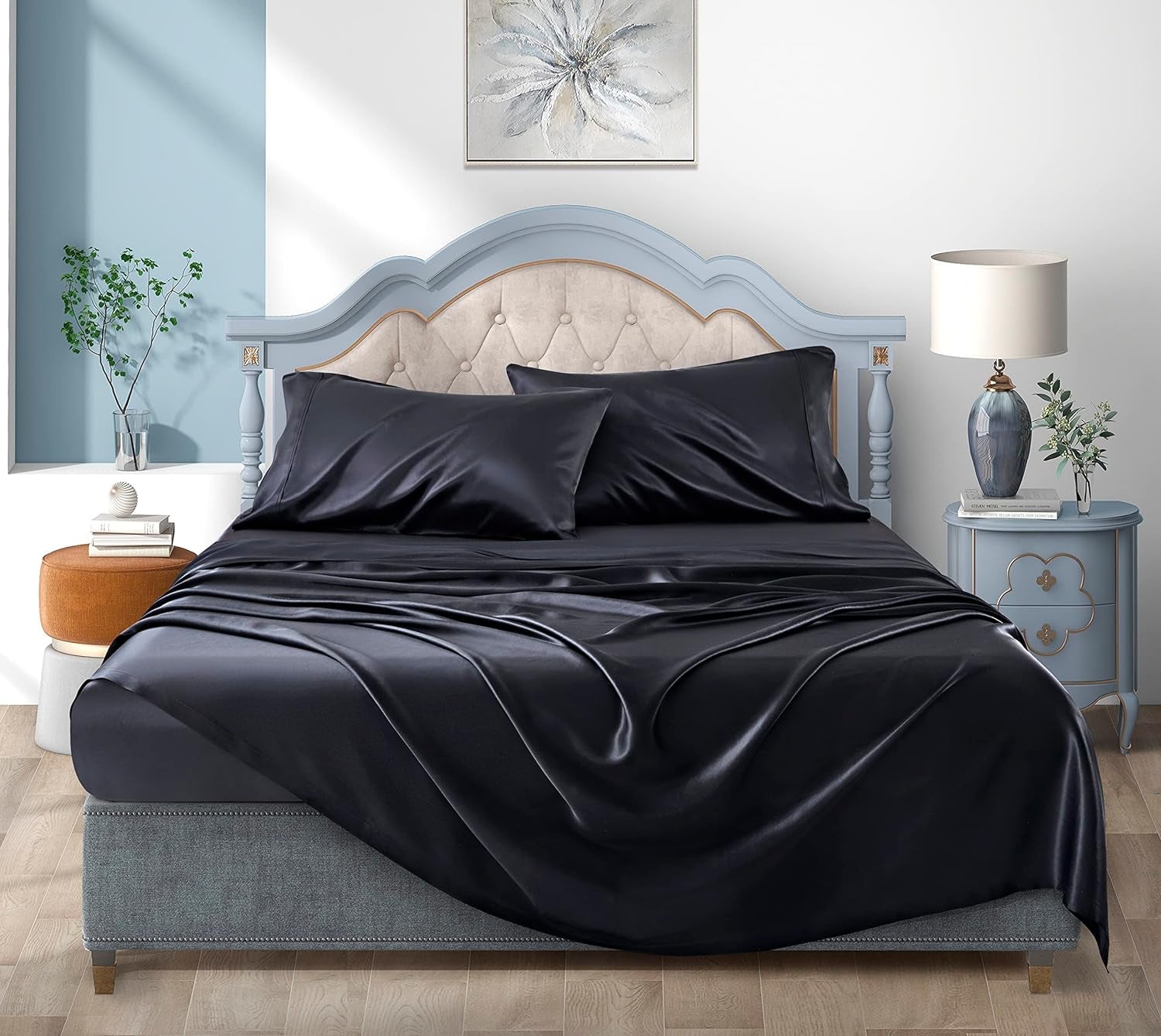 Satin Bed Sheets Queen Sheet Set, Black Silk Sheets, 4 - Pieces Soft Bedding Set with 1 Deep Pocket Fitted Sheet,1 Flat Sheet,2 Pillowcase